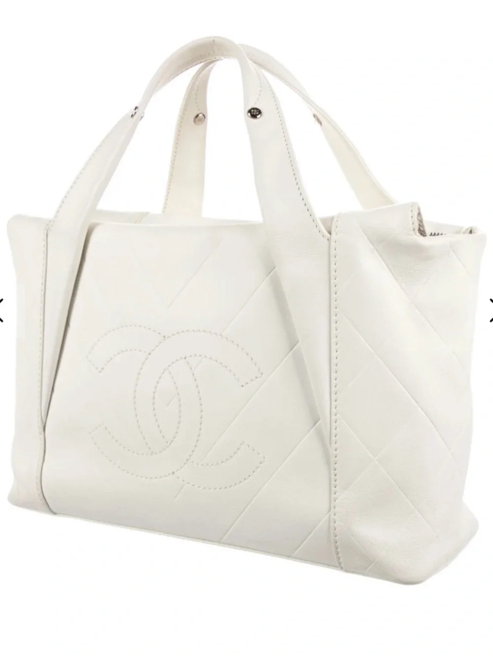 CHANEL White Quilted CC Logo Leather Tote